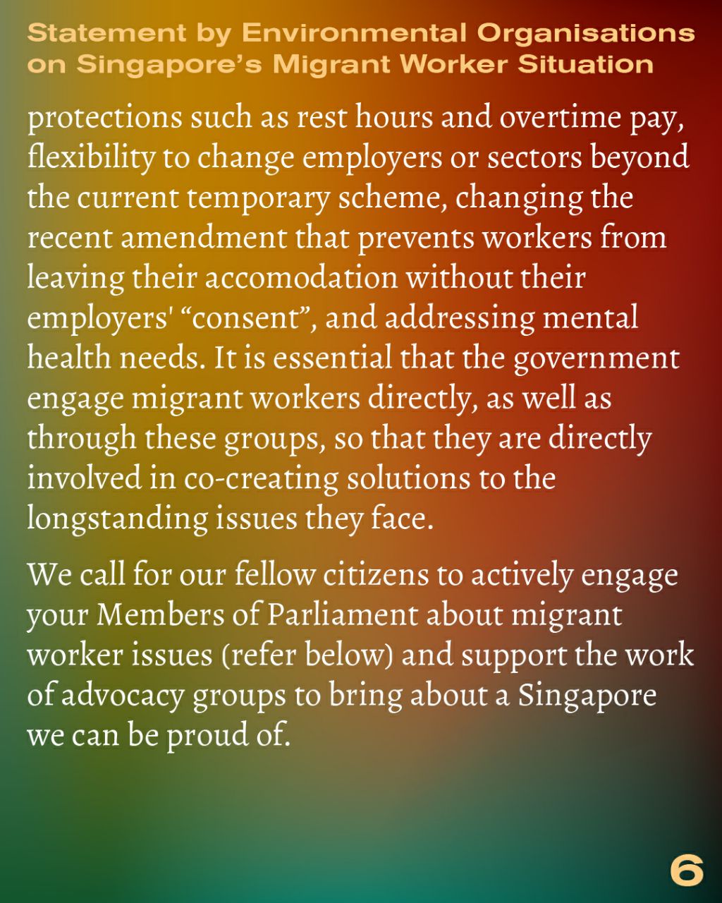 'Statement by Environmental Organisations on Singapore's Migrant Worker Situation' page 6